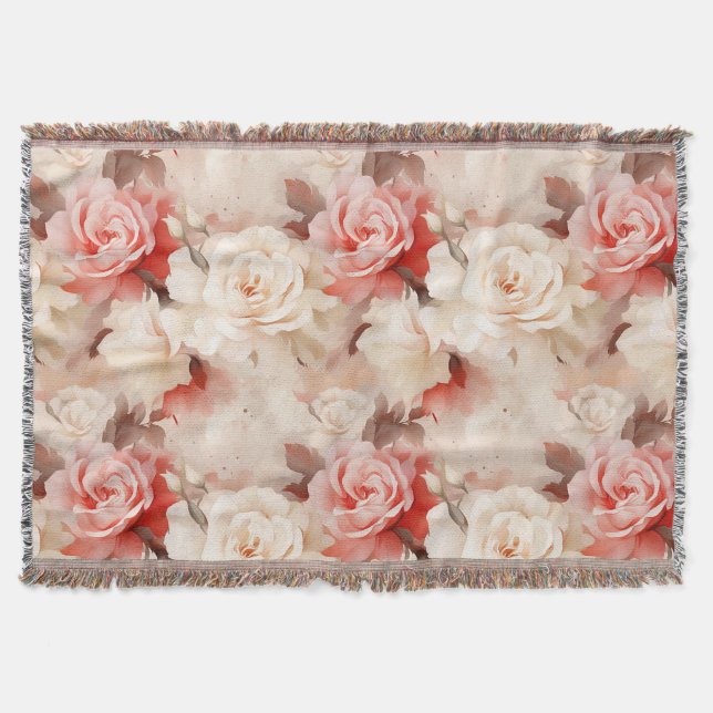 Manta Rosa floral crema rubor rosa bonito (Anverso)
