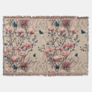 Manta Rosas primaverales vintage con mariposas azules