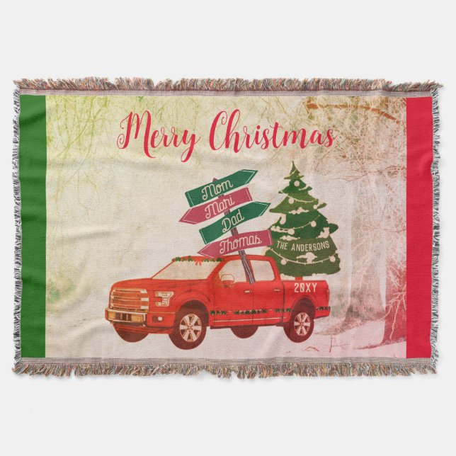 Manta Rustic Vintage Red Truck Family Name Christmas (Anverso)