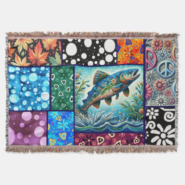 Manta Salmon Crazy Quilt Floral Whimsical Colorful (Anverso)