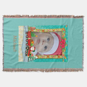 Manta Santa Claus en tren con regalos y árbol de Navidad