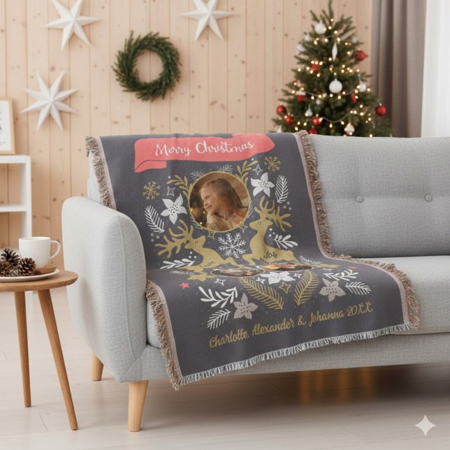Manta Scandinavian Reindeer 3 Photo Family Keepsake (Scandinavian Reindeer 3 Photo Holiday Throw Blanket © Susanne Sachers - Sunny Mind Design. 🌞)