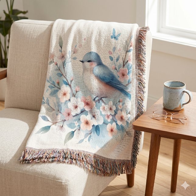 Manta Serenidad de Acuarela Flor de Bluebird (Bluebird Blossom Watercolor Serenity Throw Blanket)