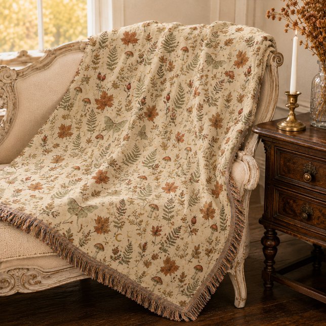 Manta Seta de Luna de Otoño Botánica Bruja  (Autumn Luna Moth Mushroom Witchy Botanical Throw Blanket)