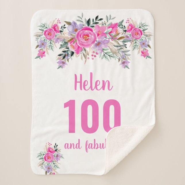 Manta Sherpa 100.º cumpleaños floral rosa (Anverso)