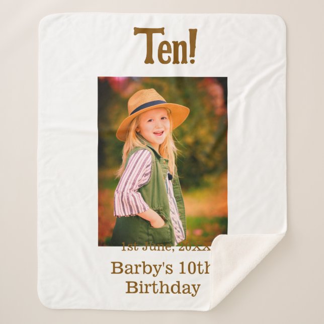 Manta Sherpa 10th birthday photo name date simple brown beige b (Anverso)