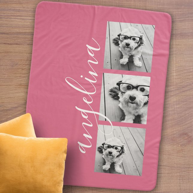 Manta Sherpa 3 Photo Collage CAN EDIT background pink (Personalized sherpa blanket with photos and text)