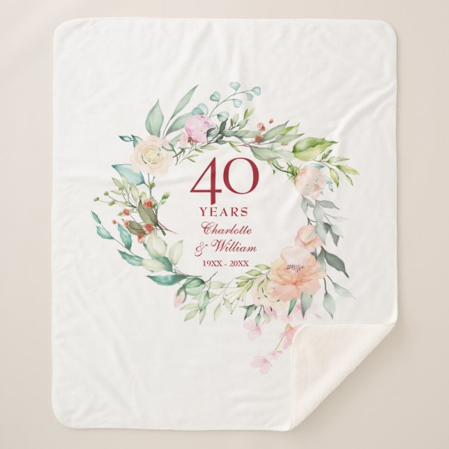 Manta Sherpa 40.º Boda de Ruby Aniversario Floral Garland (Anverso)