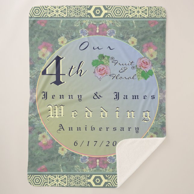 Manta Sherpa 4th Year Wedding Anniversary Green&Blue Flower (Anverso)