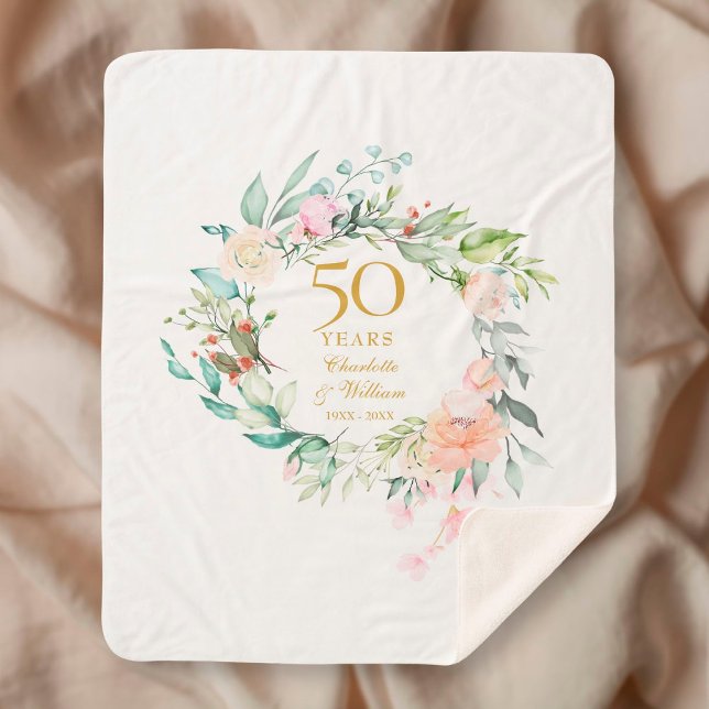 Manta Sherpa 50.º Aniversario del Boda Dorado Floral Garland (Subido por el creador)