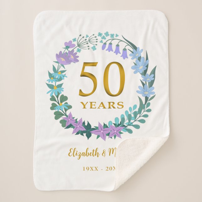 Manta Sherpa 50° Aniversario Dorado Floral Bluebells Wreath (Anverso)