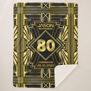 Manta Sherpa 80 cumpleaños Art Deco Oro Gran Gatsby Negro