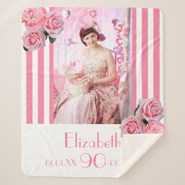 Manta Sherpa 90 años rayas blancas rosadas florales foto (Anverso)