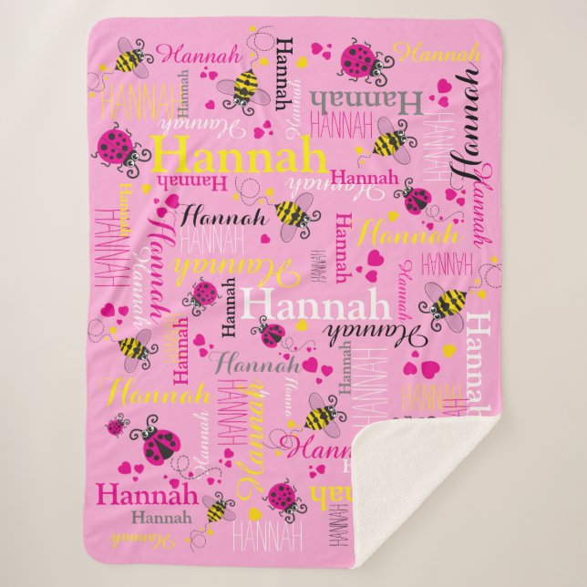 Manta Sherpa Abejas de ladybugs rosa corazones chicas nombre pe (Anverso)