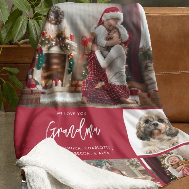 Manta Sherpa Abuela 5 fotos con vacaciones personalizadas Masco (We Love You Grandma Photo Collage Sherpa Blanket Red)