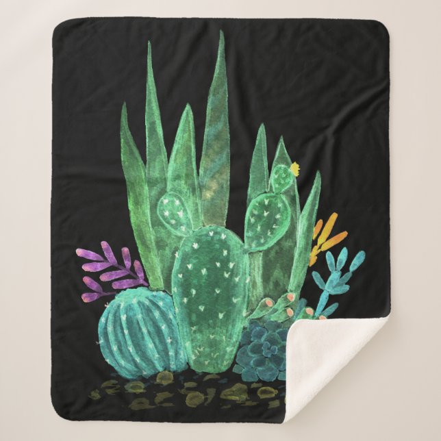 Manta Sherpa Acuarela, almohada de lanzamiento de cactus (Anverso)
