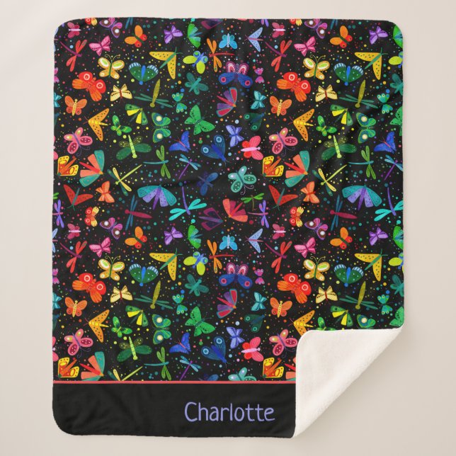 Manta Sherpa Acuarela Arcoiris Mariposas Niños Personalizados (Anverso)