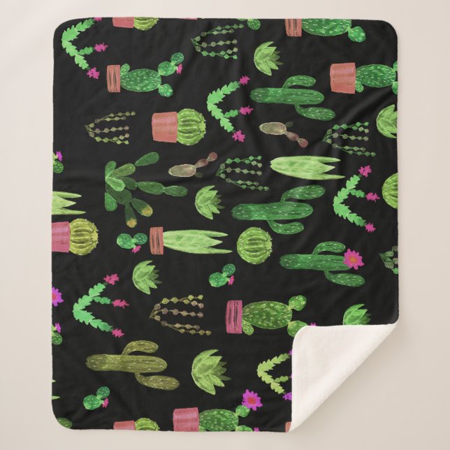 Manta Sherpa Acuarela Cactuses Planta Fondo Sin Marea (Anverso)