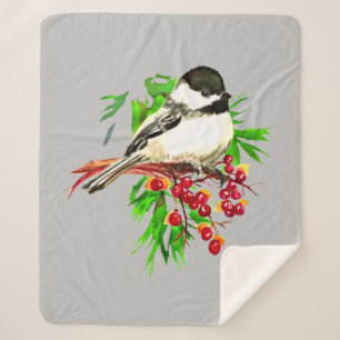 Manta Sherpa Acuarela Cute Pequeño Pollito Pájaro Berries Pino