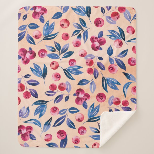 Manta Sherpa Acuarela de Cranberry: Fresas silvestres sin mar (Anverso)