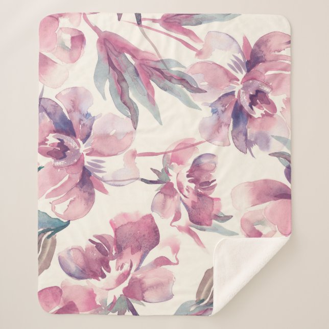 Manta Sherpa acuarela de peonies: fondo floral sin fisuras. (Anverso)