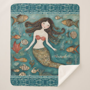 Manta Sherpa Acuarela de sirena personalizada