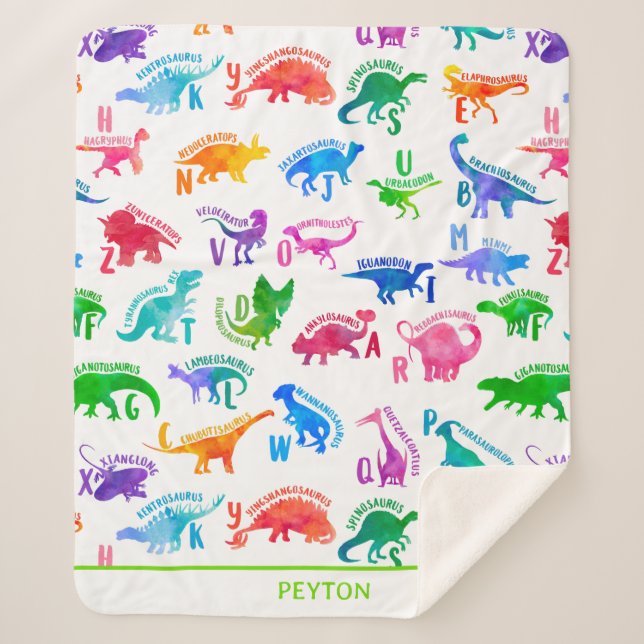 Manta Sherpa Acuarela Dinosaurio Alphabet Colorful Dino Kids (Anverso)