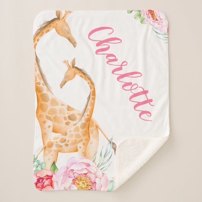 Manta Sherpa Acuarela Giraffe Chica floral personalizado (Anverso)