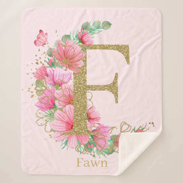 Manta Sherpa Acuarela Gold y floral Monograma F (Anverso)