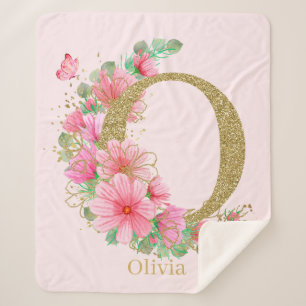 Manta Sherpa Acuarela Oro y Monograma Floral Letra O