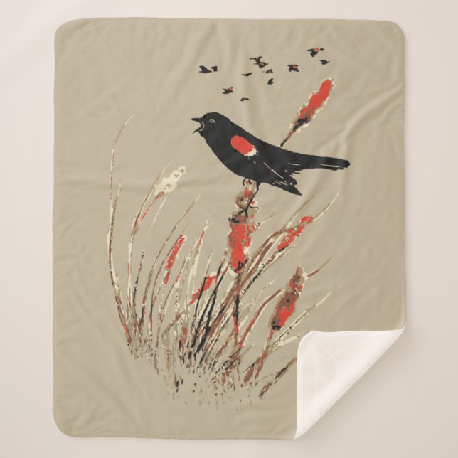 Manta Sherpa Acuarela Rojo-Winged Blackbird Bull Rushes (Anverso)