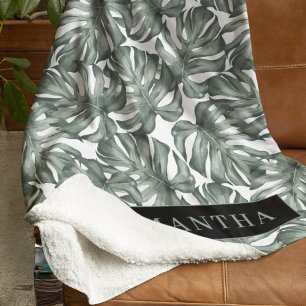 Manta Sherpa Acuarela Tropical Oasis Moderno Patrón de hojas