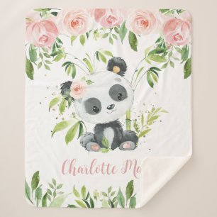 Manta Sherpa Adorable Panda Bear Floral Rosa