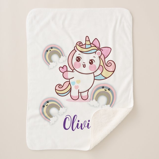 Manta Sherpa Adorable Rainbow Unicorn Personalizado (Anverso)