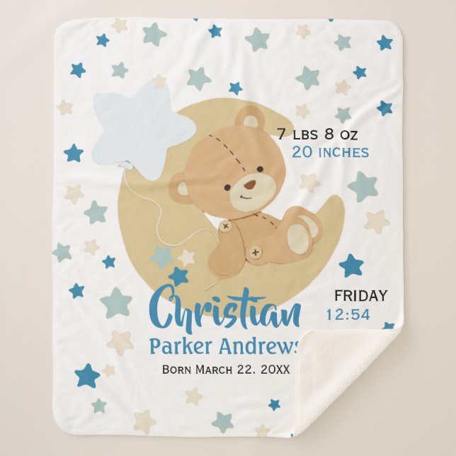 Manta Sherpa Adorable Teddy Bear Baby Boy Estadísticas de Nacim (Anverso)