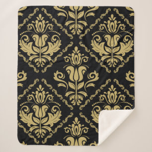 Manta Sherpa Adornamento negro y dorado sin costura Damask. Tra