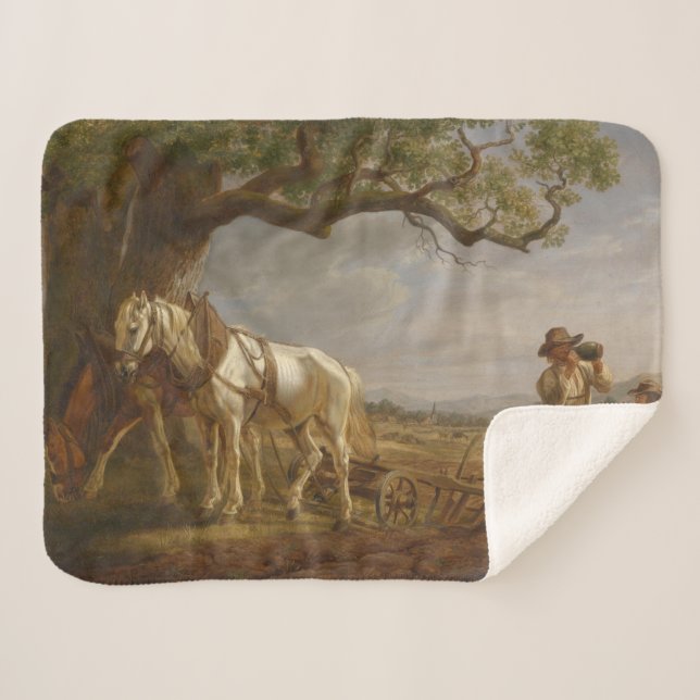 Manta Sherpa Agricultores descansando en un campo con caballos  (Anverso (horizontal))