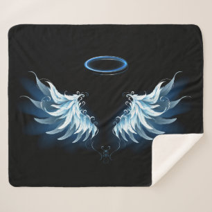 Manta Sherpa Alas del Ángel Azul brillante sobre fondo negro