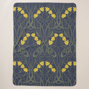 Manta Sherpa Amarillo Art Nouveau Narcisos y Tallos Azul
