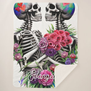 Manta Sherpa Amor Pareja Watercolor Floral Skeletons