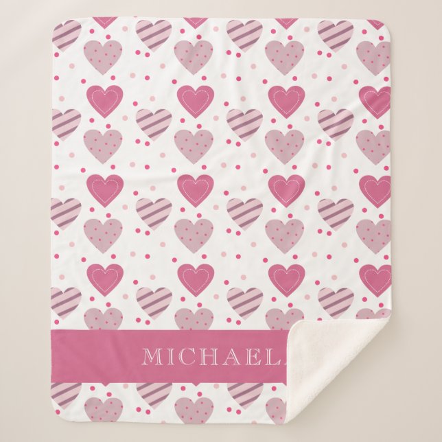 Manta Sherpa Añade tu nombre Cute Pink Hearts Pattern Baby Girl (Anverso)