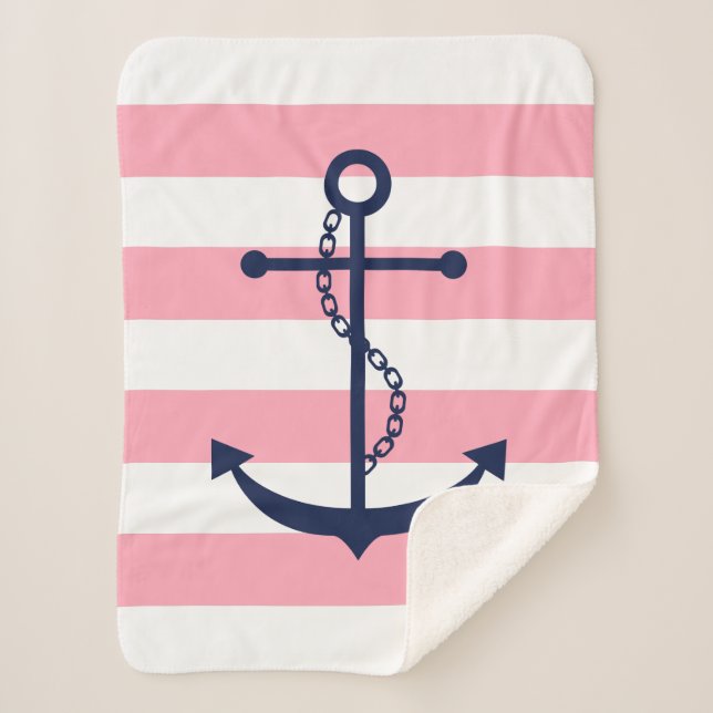 Manta Sherpa Anclaje azul en franjas rosadas (Anverso)