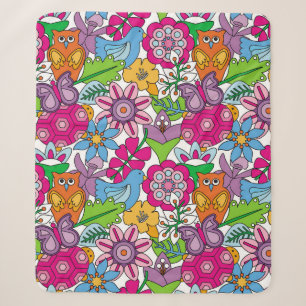 Manta Sherpa Animales coloridos y flores vintage sin costura