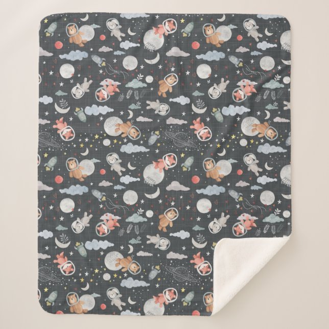 Manta Sherpa Animales espaciales - textura azul de acero oscuro (Anverso)