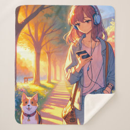 Manta Sherpa Anime Adolescente escuchando música caminando por