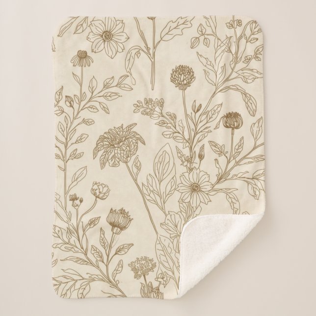 Manta Sherpa Antique Sepia Botanical Line Art Floral Pattern (Anverso)