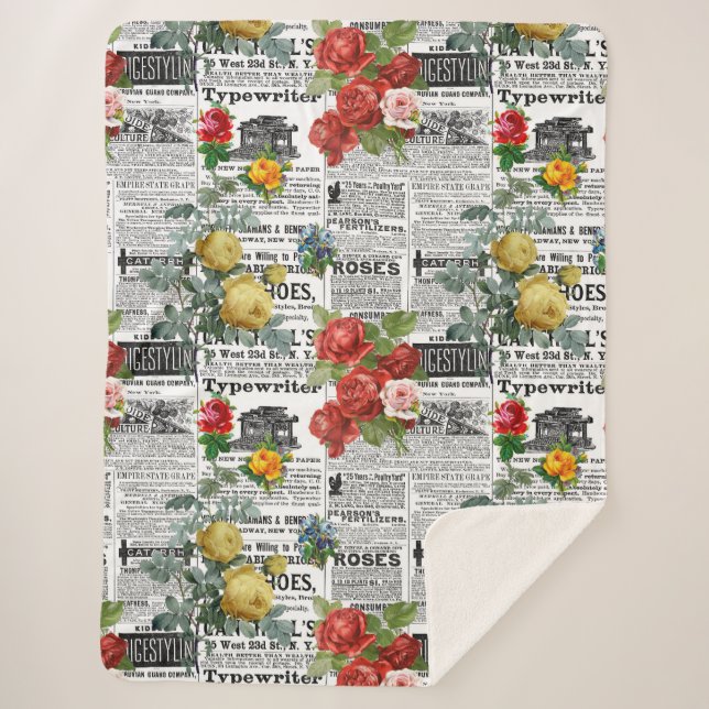 Manta Sherpa * AR23 Rosas Floral Flor Vibrage Newsprint (Anverso)
