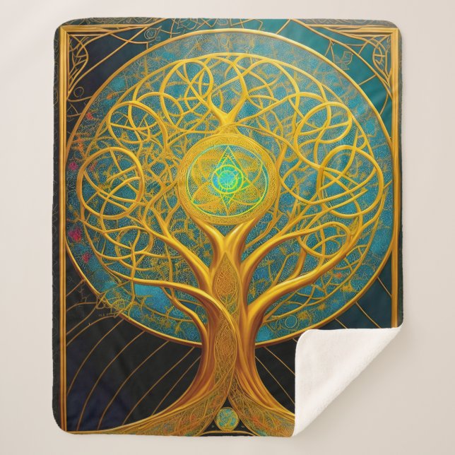 Manta Sherpa Árbol Cósmico Dorado De La Vida (Anverso)