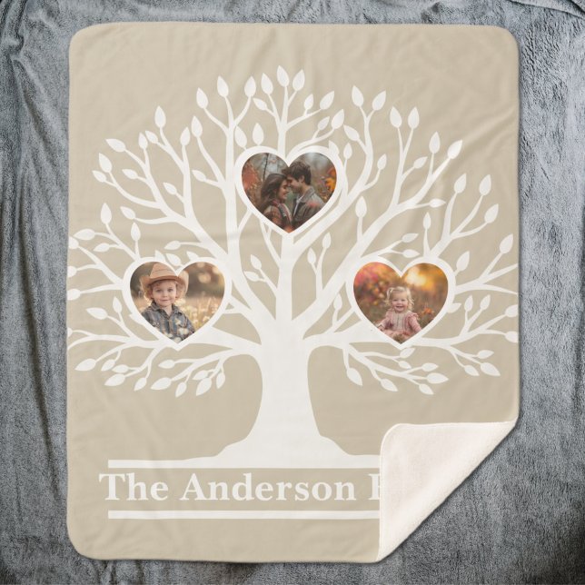 Manta Sherpa Árbol de la familia de fotos Rústico Blanco 3 pers (Rustic White 3 Photo Family Tree Personalized Sherpa Blanket
)