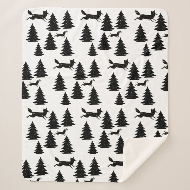 Manta Sherpa Árbol de Navidad Negro de Fox Rabbit escandinavo (Anverso)